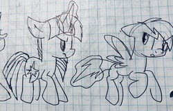 Size: 3606x2314 | Tagged: safe, artist:rainbow eevee, derpy hooves, twilight sparkle, pegasus, pony, unicorn, g4, angry, duo, female, glowing horn, graph paper, high res, horn, lineart, magic, old art, pen drawing, tail, tail pull, telekinesis, traditional art, unicorn twilight