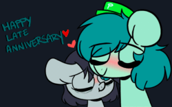 Size: 800x500 | Tagged: safe, artist:s-ansy, oc, oc only, oc:pouncer, oc:sleepy goodnight, earth pony, pony, animated, blushing, dark background, duo, eyes closed, female, frame by frame, gif, hat, heart, male, mare, shipping, simple background, squigglevision, stallion