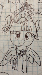 Size: 1823x3252 | Tagged: safe, artist:rainbow eevee, twilight sparkle, alicorn, pony, g4, big crown thingy, crown, cute, element of magic, female, graph paper, jewelry, lineart, pen drawing, princess, regalia, solo, traditional art, twilight sparkle (alicorn), wings