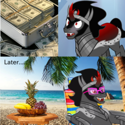 Size: 1500x1500 | Tagged: safe, king sombra, pony, g4, banana, beach, food, grapes, herbivore, hilarious in hindsight, male, money, ocean, palm tree, pineapple, solo, sunglasses, tree