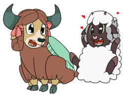 Size: 889x679 | Tagged: safe, artist:bennimarru, yona, wooloo, yak, g4, alternate hairstyle, bow, cloven hooves, colored, female, flat colors, hair bow, heart, monkey swings, open mouth, pokémon, simple background, sitting, smiling, transparent background