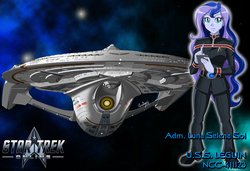 Size: 1280x875 | Tagged: safe, artist:captricosakara, princess luna, vice principal luna, equestria girls, g4, admiral, belt, clothes, commission, crossover, female, logo, science fiction, solo, sovereign class, space, spaceship, star trek, star trek online, starfleet, starship, tablet, uniform, video game crossover