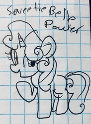 Size: 1707x2327 | Tagged: safe, artist:rainbow eevee, sweetie belle, pony, g4, cute, female, graph paper, lineart, old art, pen drawing, raised hoof, solo, traditional art