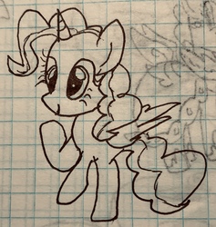 Size: 1942x2047 | Tagged: safe, artist:rainbow eevee, pinkie pie, alicorn, pony, g4, alicornified, cute, female, graph paper, lineart, old art, pinkiecorn, race swap, raised hoof, solo, this will end in tears, traditional art, xk-class end-of-the-world scenario