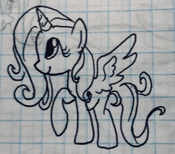 Size: 1768x1557 | Tagged: safe, artist:rainbow eevee, fluttershy, alicorn, pony, g4, alicornified, cute, female, fluttercorn, lineart, old art, pen drawing, race swap, shyabetes, smiling, solo, this will end in tears, traditional art