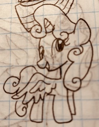Size: 2023x2596 | Tagged: safe, artist:rainbow eevee, sweetie belle, alicorn, pony, g4, alicornified, female, graph paper, high res, lineart, old art, pen drawing, race swap, smiling, solo, sweetiecorn, this will end in tears, traditional art