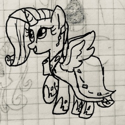 Size: 2138x2141 | Tagged: safe, artist:rainbow eevee, rarity, alicorn, pony, g4, alicornified, clothes, dress, female, gala dress, graph paper, high res, lineart, pen drawing, race swap, raricorn, solo, this will end in tears, traditional art