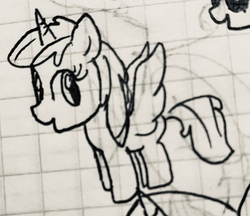 Size: 2093x1810 | Tagged: safe, artist:rainbow eevee, apple bloom, alicorn, pony, g4, adorabloom, alicornified, bloomicorn, cute, female, filly, graph paper, missing accessory, old art, pen drawing, race swap, solo, this will end in tears, this will end in tears and/or death and/or covered in tree sap, traditional art