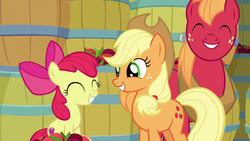 Size: 1920x1080 | Tagged: safe, screencap, apple bloom, applejack, big macintosh, earth pony, pony, g4, going to seed, 1080p, adorabloom, applejack's hat, barrel, cowboy hat, cute, cutie mark, female, filly, hair bow, hat, horse collar, jackabetes, macabetes, male, mare, smiling, stallion, the cmc's cutie marks, trio