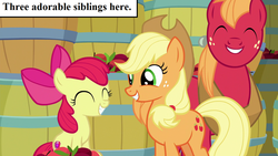 Size: 1280x720 | Tagged: safe, edit, edited screencap, editor:korora, screencap, apple bloom, applejack, big macintosh, earth pony, pony, g4, going to seed, adorabloom, apple, apple siblings, apple sisters, applejack's hat, barrel, bow, brother and sister, captain obvious, cowboy hat, cute, cutie mark, eyes closed, female, filly, foal, food, hair bow, hat, horse collar, inset, jackabetes, macabetes, male, mare, siblings, sisters, stallion, text, the cmc's cutie marks, trio