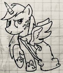 Size: 2370x2726 | Tagged: safe, artist:rainbow eevee, rainbow dash, alicorn, pony, g4, alicornified, clothes, dress, female, gala dress, graph paper, high res, old art, pen drawing, race swap, rainbowcorn, raised hoof, solo, this will end in tears, traditional art