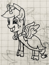 Size: 1908x2500 | Tagged: safe, artist:rainbow eevee, applejack, alicorn, pony, g4, alicornified, applecorn, clothes, creepy, creepy smile, dress, female, freckles, gala dress, graph paper, nightmare fuel, old art, pen drawing, race swap, smiling, solo, this will end in tears, traditional art