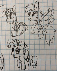 Size: 2508x3146 | Tagged: safe, artist:rainbow eevee, derpy hooves, pinkie pie, twilight sparkle, earth pony, pegasus, pony, unicorn, g4, female, graph paper, high res, old art, pen drawing, traditional art, trio, unicorn twilight