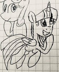 Size: 2359x2882 | Tagged: safe, artist:rainbow eevee, sweetie belle, twilight sparkle, alicorn, pony, g4, black and white, duo, graph paper, grayscale, high res, missing cutie mark, monochrome, old art, pen drawing, traditional art, twilight sparkle (alicorn), wat