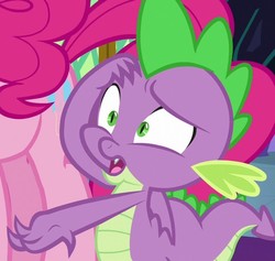Size: 760x720 | Tagged: safe, screencap, pinkie pie, spike, dragon, g4, the beginning of the end, claws, cropped, male, offscreen character, reaction image, solo focus, tail, winged spike, wings
