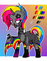 Size: 1018x1317 | Tagged: safe, artist:bonpikabon, oc, oc only, oc:armoma rox, alicorn, demon, demon pony, original species, pony, unicorn, alicorn oc, bat wings, bedroom eyes, boots, butt, choker, clothes, ear piercing, earring, edgy, eyebrow piercing, eyeshadow, featureless crotch, female, horn, horn ring, jewelry, makeup, mare, pansexual, piercing, plot, pride, pride month, rainbow socks, reference sheet, scene kid, shoes, socks, solo, spiked choker, striped socks, tattoo, tongue out, tongue piercing, wings