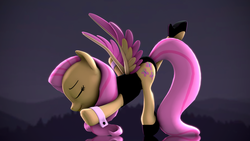 Size: 3840x2160 | Tagged: safe, artist:apexpredator923, fluttershy, pegasus, pony, g4, 3d, 4k, balancing, ballet, clothes, colored wings, cuffs (clothes), eyes closed, female, high res, leotard, mare, pose, reflection, shoes, smiling, solo, source filmmaker, two toned wings, wings