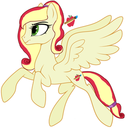 Size: 2488x2512 | Tagged: safe, artist:marshamallowyt, artist:teepew, oc, oc only, oc:strawberry swirl (ice1517), pegasus, pony, icey-verse, base used, female, flying, high res, magical lesbian spawn, mare, offspring, parent:applejack, parent:strawberry sunrise, parents:applerise, raised hoof, simple background, solo, white background