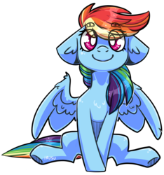 Size: 1452x1548 | Tagged: safe, artist:lrusu, rainbow dash, pegasus, pony, g4, cute, dashabetes, ear fluff, eye clipping through hair, eyebrows, eyebrows visible through hair, female, floppy ears, looking at you, mare, simple background, sitting, smiling, solo, transparent background, white pupils, wing fluff