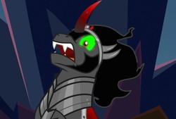 Size: 1063x720 | Tagged: safe, screencap, king sombra, pony, unicorn, g4, the beginning of the end, armor, fangs, glowing eyes, green eyes, male, solo