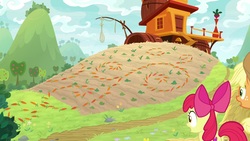 Size: 1920x1080 | Tagged: safe, screencap, apple bloom, applejack, earth pony, pony, g4, going to seed, carrot, food