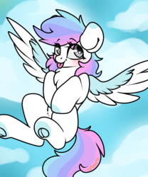 Size: 1000x1200 | Tagged: safe, artist:spoopygander, oc, oc only, pegasus, pony, :p, blushing, chest fluff, colored wings, cute, eyelashes, female, flying, looking up, mare, mlem, multicolored hair, multicolored wings, silly, solo, tongue out, underhoof, wings