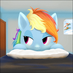 Size: 514x514 | Tagged: safe, artist:brightroom, rainbow dash, pony, g4, advertisement, animated, bed, bedroom, blushing, boop, cute, female, morning, no sound, pillow, solo, webm, ych example, your character here
