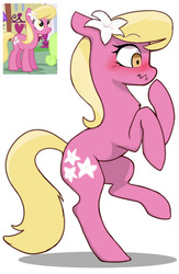 Size: 1255x1920 | Tagged: safe, artist:redruin01, lily, lily valley, earth pony, pony, g4, bipedal, blushing, chest fluff, female, flower, flower in hair, lilybetes, mare, profile, simple background, solo, wavy mouth, white background