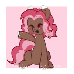Size: 1000x1000 | Tagged: safe, artist:peachiebuns, oc, oc only, oc:ginger, pony, abstract background, blushing, coat markings, colored ears, cute, dappled, eyes closed, female, freckles, mare, ocbetes, open mouth, sitting, solo, unshorn fetlocks