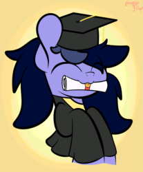 Size: 2479x3000 | Tagged: safe, artist:php142, oc, oc only, oc:purple flix, pony, unicorn, animated, clothes, cute, diploma, eyes closed, gradient background, graduation, graduation cap, hat, high res, male, nom, solo, toga