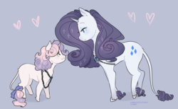 Size: 890x550 | Tagged: safe, artist:cxpreolus, artist:maykitz, rarity, sweetie belle, classical unicorn, pony, unicorn, g4, bow, butt fluff, chest fluff, cloven hooves, cute, diasweetes, duo, ear fluff, female, filly, heart, horn, jewelry, leg fluff, leonine tail, looking at each other, mare, necklace, no pupils, profile, purple background, raribetes, siblings, simple background, sisters, tail bow, unshorn fetlocks