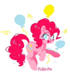 Size: 331x359 | Tagged: safe, artist:snow angel, pinkie pie, earth pony, pony, g4, balloon, blushing, cute, cutie mark background, diapinkes, female, open mouth, pixel-crisp art, simple background, solo, white background