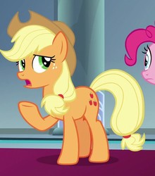 Size: 617x700 | Tagged: safe, screencap, applejack, pinkie pie, earth pony, pony, g4, the beginning of the end, applejack's hat, cowboy hat, cropped, hat, offscreen character, raised hoof