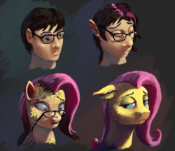 Size: 1458x1260 | Tagged: safe, artist:eqlipse, fluttershy, human, pony, g4, bust, female, glasses, human to pony, male, male to female, mare, rule 63, three quarter view, transformation, transformation sequence, transgender transformation