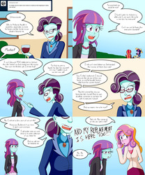 Size: 2000x2400 | Tagged: safe, artist:jake heritagu, dean cadance, princess cadance, principal abacus cinch, sci-twi, sunny flare, sunset shimmer, twilight sparkle, oc, oc:sparkling sapphire, comic:aria's archives, equestria girls, g4, alcohol, baby, clothes, comic, dialogue, female, glass, high res, magical lesbian spawn, offspring, parent:sci-twi, parent:sunset shimmer, parents:scitwishimmer, speech bubble, sunny flare is principal cinch's daughter/relative, wine, wine glass