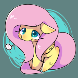 Size: 1280x1280 | Tagged: safe, artist:snow angel, fluttershy, pegasus, pony, g4, abstract background, biting, cute, female, floppy ears, folded wings, hair bite, heart, question mark, shyabetes, solo, speech bubble, three quarter view, wingding eyes, wings