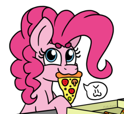 Size: 860x790 | Tagged: safe, artist:pink-pone, pinkie pie, earth pony, pony, g4, :3, >:3, beanbrows, cute, diapinkes, eyebrows, female, food, meat, mouth hold, mushroom, pepperoni, pepperoni pizza, pictogram, pizza, ponies eating meat, simple background, solo, speech bubble, white background