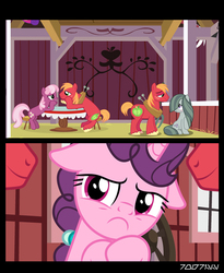 Size: 640x781 | Tagged: safe, edit, edited screencap, editor:teren rogriss, screencap, big macintosh, cheerilee, marble pie, sugar belle, earth pony, pony, unicorn, g4, 2 panel comic, :c, >:c, blushing, comic, eye contact, female, floppy ears, frown, glare, grin, hooves, horn, jealous, lidded eyes, looking at each other, male, mare, raised hoof, screencap comic, ship:cheerimac, ship:marblemac, ship:sugarmac, shipping, sitting, smiling, stallion, standing, straight, sugar belle is not amused, table, unamused