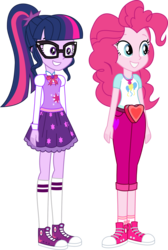 Size: 1373x2040 | Tagged: safe, artist:themaxofthemaximum, pinkie pie, sci-twi, twilight sparkle, equestria girls, g4, alternate clothes, clothes, converse, cute, diapinkes, duo, geode of sugar bombs, geode of telekinesis, glasses, heart, magical geodes, ponytail, shoes, simple background, skirt, smiling, sneakers, socks, transparent background, twiabetes