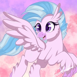 Size: 2048x2048 | Tagged: safe, artist:sweetkllrvane, silverstream, classical hippogriff, hippogriff, g4, abstract background, female, high res, open mouth, smiling, solo, spread wings, wings