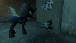 Size: 1920x1080 | Tagged: safe, artist:tarsus, changeling, changeling larva, 3d, baby changeling, gmod, size difference