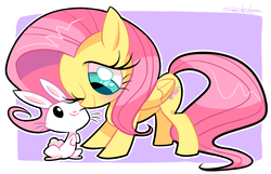 Size: 996x640 | Tagged: safe, artist:gekiamana, angel bunny, fluttershy, pegasus, pony, rabbit, g4, abstract background, angelbetes, animal, cute, duo, nuzzling, one eye closed, shyabetes