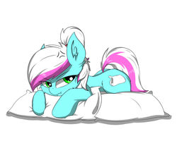 Size: 1280x1024 | Tagged: safe, artist:llhopell, oc, oc only, oc:soffy, earth pony, pony, angry, female, looking at you, pillow, simple background, solo