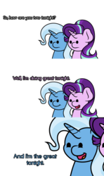 Size: 1920x3240 | Tagged: safe, artist:ljdamz1119, starlight glimmer, trixie, pony, unicorn, g4, comic, dialogue, duo, female, funny, lesbian, mare, meme, offscreen character, pun, ship:startrix, shipping, smiling, text