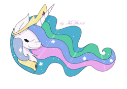 Size: 1410x982 | Tagged: safe, artist:kathepart, princess celestia, pony, g4, bust, chest fluff, ear fluff, ethereal mane, eyes closed, female, jewelry, mare, regalia, simple background, smiling, solo, starry mane, white background