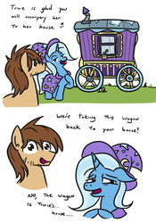 Size: 652x930 | Tagged: safe, artist:jargon scott, trixie, oc, earth pony, pony, unicorn, cape, clothes, comic, dialogue, embarrassed, female, hat, male, mare, open mouth, simple background, smiling, stallion, this will not end in sex, tiny home, trixie is poor, trixie's cape, trixie's hat, trixie's wagon, wagon, white background