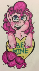 Size: 714x1280 | Tagged: safe, artist:moesyzlakofficial, pinkie pie, pony, g4, be mine, female, freckles, gap teeth, gift art, heart, holiday, looking up, mare, open mouth, simple background, smiling, solo, thick eyebrows, traditional art, valentine's day