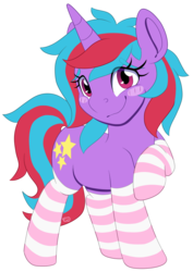Size: 3499x4929 | Tagged: safe, artist:partypievt, oc, oc only, oc:cosmic spark, pony, unicorn, absurd resolution, blushing, clothes, cute, looking at you, shy, simple background, socks, solo, striped socks, transparent background