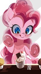 Size: 1150x2048 | Tagged: safe, artist:tohupo, pinkie pie, earth pony, pony, g4, against glass, bipedal, cupcake, cute, diapinkes, eyes on the prize, female, food, glass, licking, licking lips, mare, smiling, solo, tongue out, underhoof, window