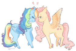 Size: 970x650 | Tagged: safe, artist:cxpreolus, artist:maykitz, fluttershy, rainbow dash, pegasus, pony, g4, chest fluff, cute, ear fluff, ethereal mane, female, floppy ears, heart, lesbian, lidded eyes, mare, raised hoof, ship:flutterdash, shipping, sidemouth, simple background, smiling, spread wings, starry mane, unshorn fetlocks, white background, wings